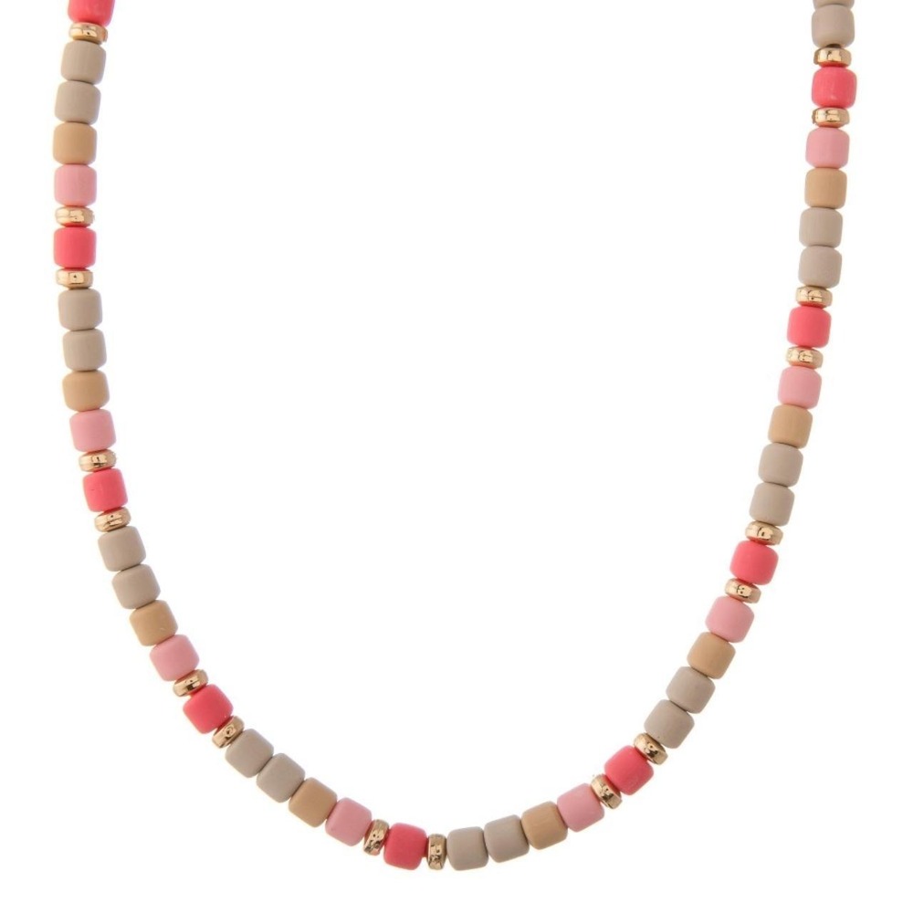 Rubber Beaded Color Block Necklace in Pink
